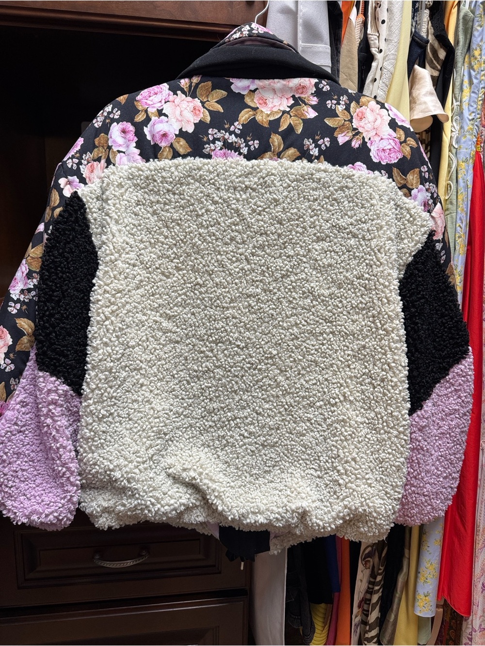 For Love & Lemons Black Floral Sherpa Jacket with Cream and Pink Accents - Picture 4 of 7